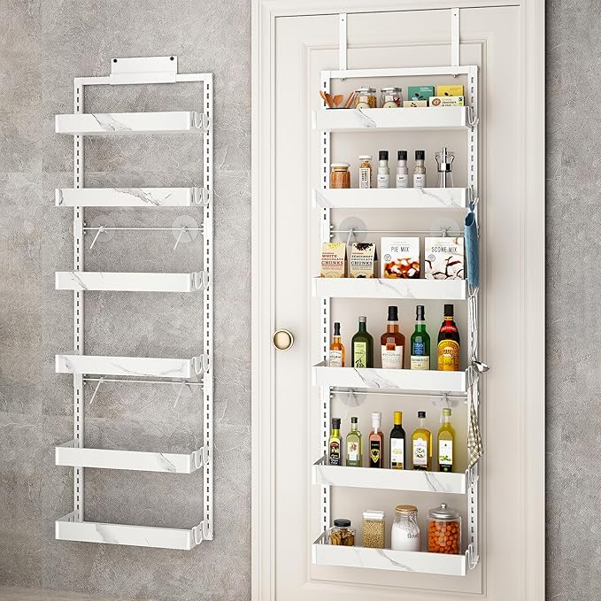 bukfen Over the Door Pantry Organizer, 6-Tier Adjustable Basket Kitchen Pantry Door Organization and Storage, Heavy-Duty Metal Hanging Kitchen Spice Rack,D6.3 x W17.32 x H50.60 inch,White Marble Color-Ruum Studio Home