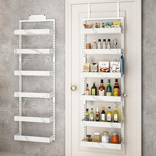bukfen Over the Door Pantry Organizer, 6-Tier Adjustable Basket Kitchen Pantry Door Organization and Storage, Heavy-Duty Metal Hanging Kitchen Spice Rack,D6.3 x W17.32 x H50.60 inch,White Marble Color-Ruum Studio Home