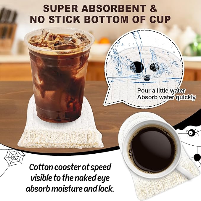 Whaline Halloween Ghost Cotton Coasters Cute White Ghost Shape Handmade Braided Drink Coasters Absorbent Cup Mats for Trick or Treat Party Home Table Decor, Set of 4-Ruum Studio Home