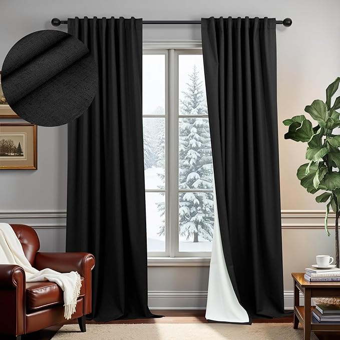 Black Blackout Curtains 84 Inches Long 100% Black Out Linen Farmhouse Light Blocking Curtain for Bedroom Living Room Darkening Back Tab Thermal Insulated Drapes Sliding Glass Door 7ft Length 2 Panel-Ruum Studio Home