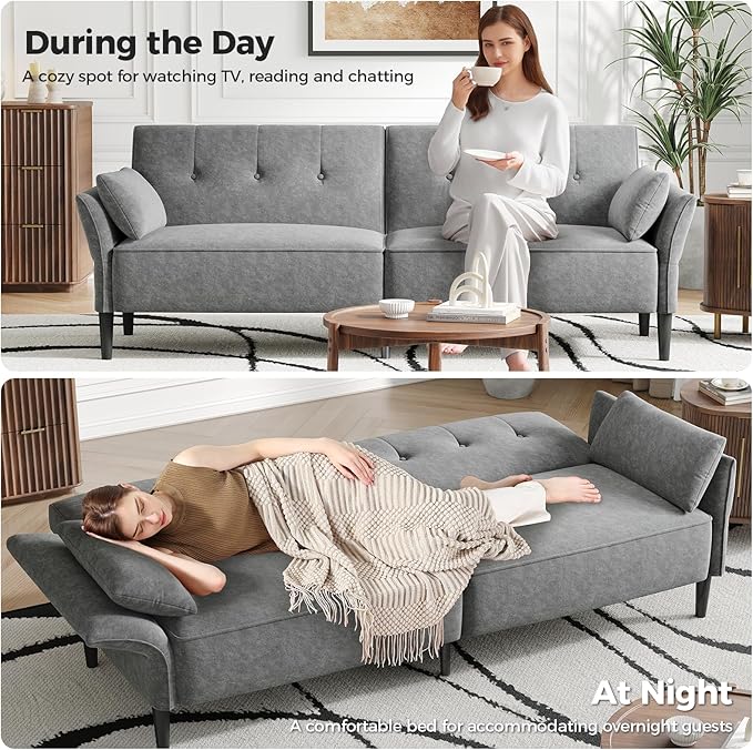 89” Futon Sofa Bed, Comfy Futon Couch Bed with 2 Square Pillows, Convertible Sleeper Sofa with Adjustable Backrest& Armrests, Modern Loveseat Sleeper for Living Room, Bedroom, Light Gray-Ruum Studio Home