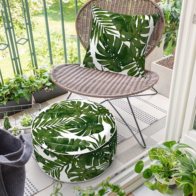 Inflatable Ottoman Stool D21 xH9 for Outdoor/Indoor Use, Water Repellent Patio Foot Rest Stool with Portable Handle,Round Pouf Ottoman Suitable for Garden,Deck and Camping - Palm Green-Ruum Studio Home