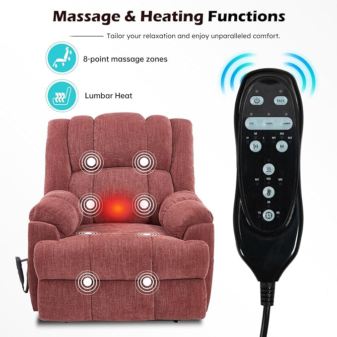 Dual Motor Power Lift Recliner Chair with Massage and Heat for Elderly People, Infinite Position, Burgundy Recliner Chair, Chenille Fabric Lift Chair-Ruum Studio Home