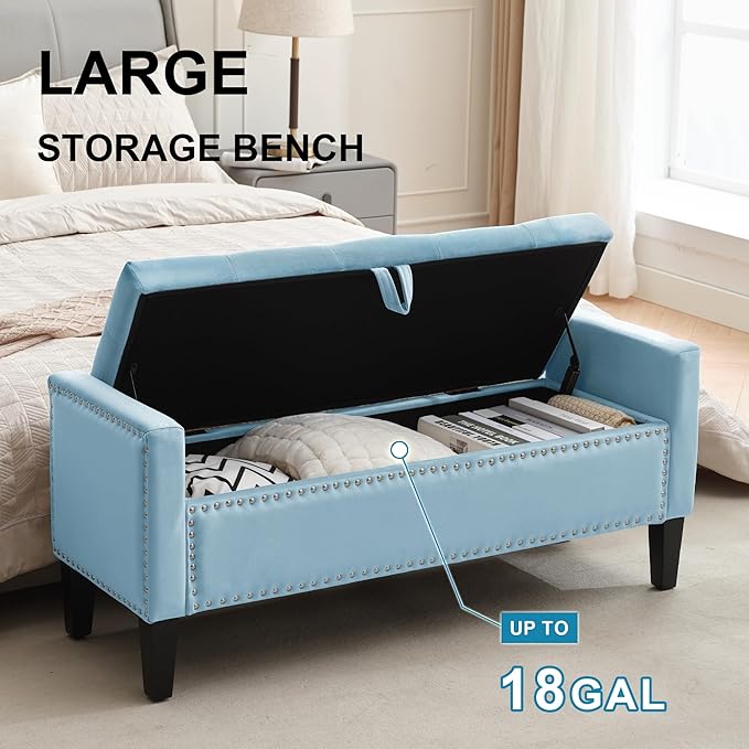 Storage Ottoman Bench, Velvet Upholstered Footstool for Bedroom and Living Room, Tufted Seat with Storage, Wooden Legs & Metal Rivets, Light Blue-Ruum Studio Home