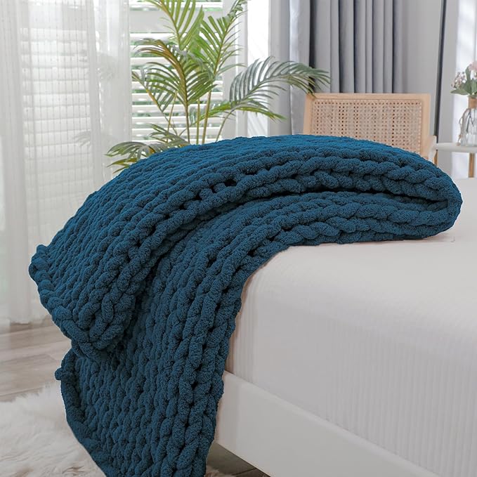 Bigacogo Chunky Knit Throw Blanket for Couch, 40x60 inches, 100% Hand Knitted with Thick Jumbo Chenille Yarn, Cozy Soft Large Rope Knot Cable Crochet Blankets for Sofa Bed Living Room, Deep Sea Blue-Ruum Studio Home