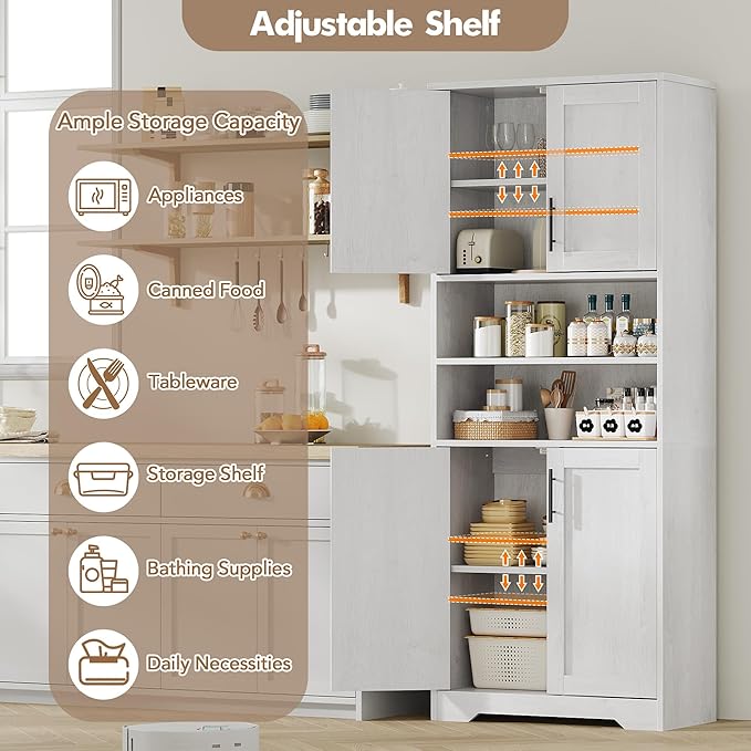 GarveeHome 67" Tall Storage Cabinet, Tall Bathroom Cabinet with 4 Doors and Adjustable Shelves, Freestanding Kitchen Pantry Cabinets, Cupboard for Living Room, Dining Room, Antique White-Ruum Studio Home
