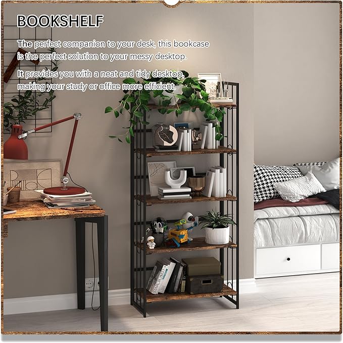 4NM No Assembly 5 Tiers Folding Bookshelf, 59.4" H Foldable Storage Shelves Vintage Bookcase Standing Racks Study Organizer Home Office - Rustic Brown Black-Ruum Studio Home