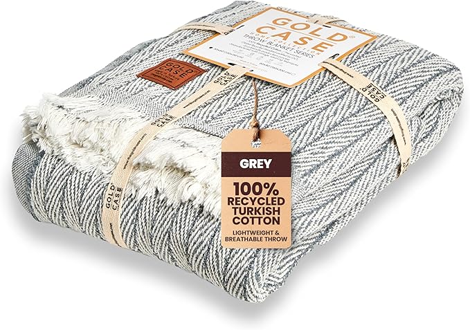 Gold Case Throw Blanket for Couch – 100% Recycled Turkish Cotton Blankets & Throws – Elegant Decorative Throw Blankets for Living Room Sofa – Woven Throws for Couch – Vintage Grey– 60x80-Ruum Studio Home