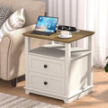 HIFYOBRO End Table with Flip Top Charging Station and 2 Drawers, Type-C & USB Port & Power outlets, Wooden Storage Cabinet, Large Side Table with Storage for Living Room and Bedroom (White)-Ruum Studio Home