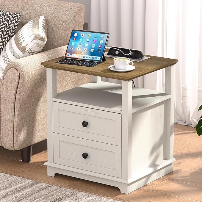 HIFYOBRO End Table with Flip Top Charging Station and 2 Drawers, Type-C & USB Port & Power outlets, Wooden Storage Cabinet, Large Side Table with Storage for Living Room and Bedroom (White)-Ruum Studio Home