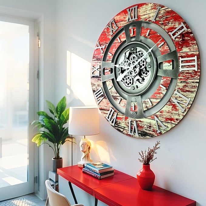 The Gears Clock Real Moving Gear Wall Clock England Line (Red Lava, 24 inches (60 cm))-Ruum Studio Home