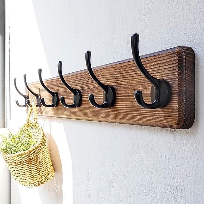 Dseap Coat Rack Wall: 24" Long, Patented, Heavy-Duty, 6-Double-Hooks Wooden Wall Mounted Coat Rack Coat Hanger Hook Rail for Winter Coats Hat Jacket Clothing, Natural & Black-Ruum Studio Home
