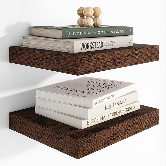 Heimlove 12 Inch Deep Floating Shelves, 12 x 12 inches Long Wall Shelf, Large Extra Display Shelf & Storage Shelf, Rustic Wood Wall Shelves for Fireplace Mantel, Brown - 2Pack-Ruum Studio Home