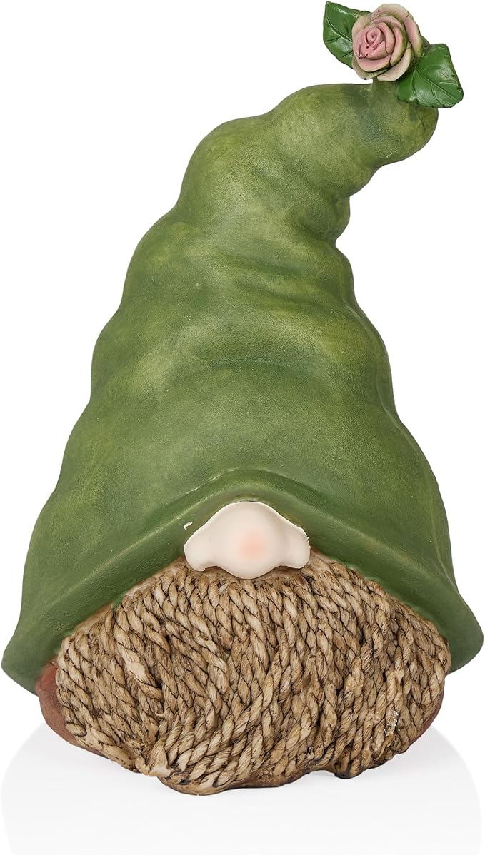 Alpine Corporation - 10" Tall Outdoor Garden Gnome Decor - Gnome Head with Rope Beard and Flower on Green Hat – Durable Lawn Scupture, Ideal for Patio, Deck, & Yard-Ruum Studio Home