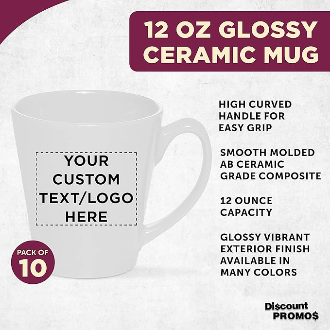 DISCOUNT PROMOS Custom Glossy Ceramic Latte Coffee Mug 12 oz. Set of 10, Personalized Bulk Pack - Perfect for Tea, Espresso, Cappuccino, Hot Cocoa - White-Ruum Studio Home