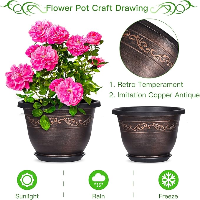 Plastic-Plant-Flower-Planters-10 Inch with Drainage Hole & Saucer, 3 Packs Lightweight Small Resin Flower Pot Indoor Outdoor, Retro Antique Imitation Decorative Garden Containers Sets for Houseplants-Ruum Studio Home