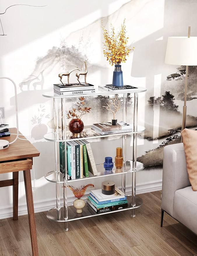 Clear Bookshelf, Acrylic Bookcase with Open Book Shelf Console Table for Entryway Office Living Room Bedroom (4 Tier Clear)-Ruum Studio Home