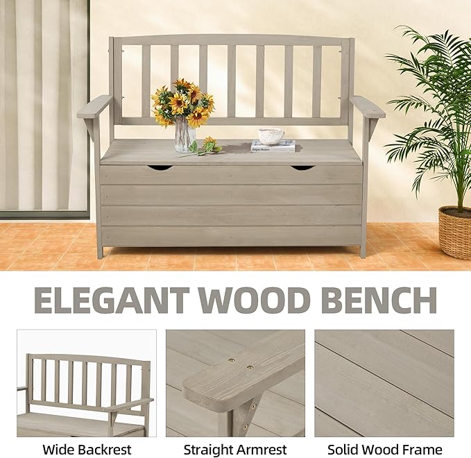 AVAWING Outdoor Storage Bench, Wooden Garden Bench Weatherproof, Patio Benches for Outside, 2-Seat Front Porch Bench, Park Bench for Deck, Lawn, Backyard (Light Gray)-Ruum Studio Home