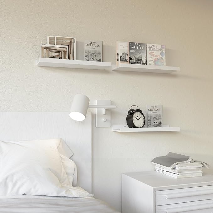 RICHER HOUSE 3 Set White Floating Shelves, Wall Mounted White Shelves for Wall Decor, Picture Ledge Shelf with Lip for Wall Storage Nursery, Bedroom, Living Room, Bathroom - White-Ruum Studio Home