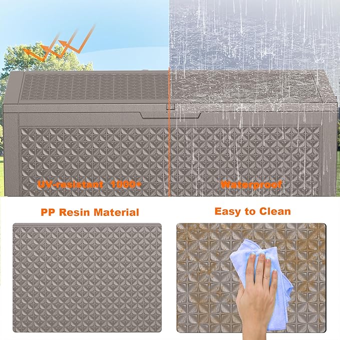 100 Gallon Resin Deck Box, Lockable Outdoor Storage Box for Patio Cushions Storage Furniture,Garden Tools, Pool Supplies, Weatherproof and UV Resistant (Grey L)-Ruum Studio Home