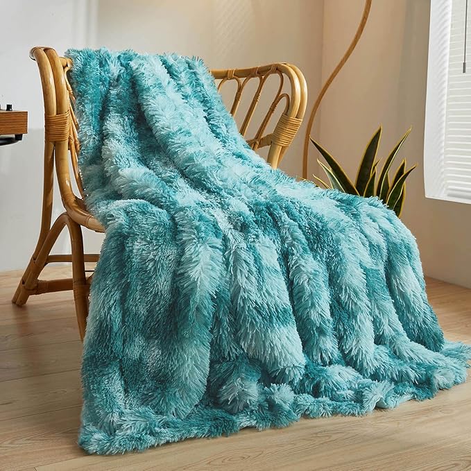 XeGe Tie Dye Plush Faux Fur Throw, Teal Soft 50x60 Shaggy Furry Blanket, Turquoise Fluffy Velvet Couch Throw, Comfy Ombre Fuzzy Lap Blanket for Bedroom Living Room Car Tie Dye Teal-Ruum Studio Home