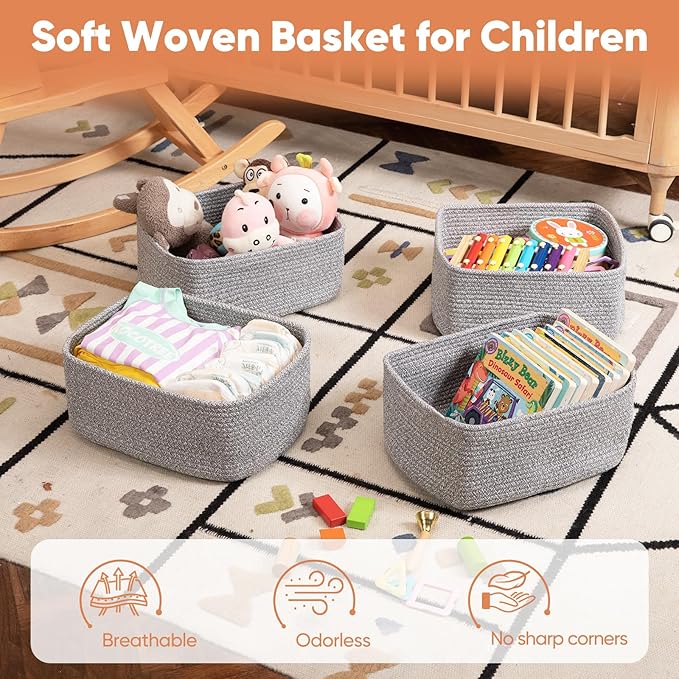 OIAHOMY 4 Pack 14.17*11.02*6.3IN Storage Baskets for Organizing Shelves, Woven Rope Baskets for Organizing Books, Clothes, Decorative Basket for Living Room, Nursery, Bedroom, Gift Basket, Grey-Ruum Studio Home