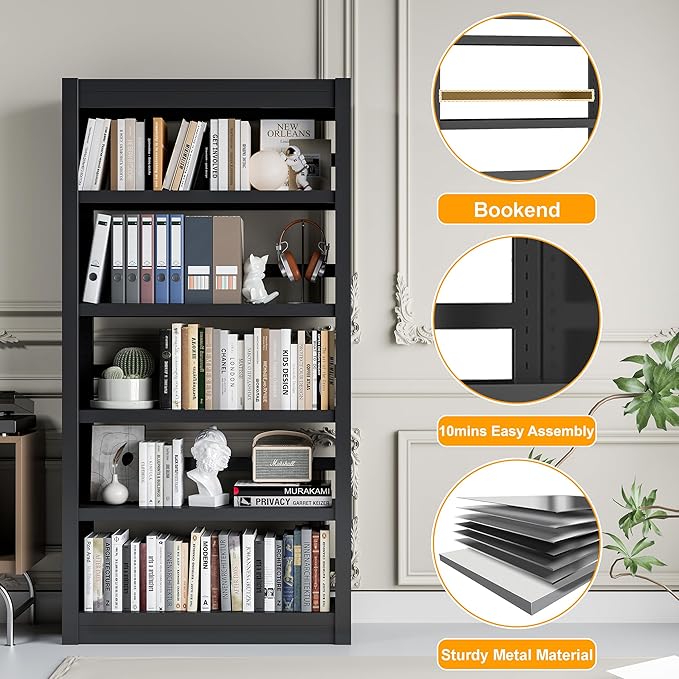 5 Tier Adjustable Black Bookcase, Metal Small Bookshelves and Bookcases, 61" H Display Modern Bookshelf for Living Rooms, Bedrooms, Home Offices, 10 Minutes Assemble-Ruum Studio Home