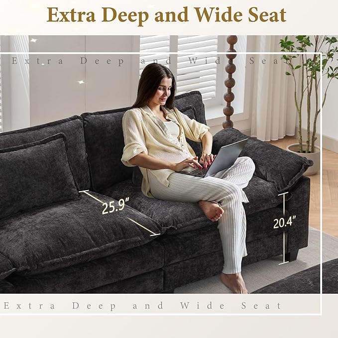 URRED Modular Sectional Sofa Comfy Cloud Couch, Modern Chenille Sofa Sleeper Deep Seat Couches with Ottoman/Pillows for Living Room (Black, 82.6''- L Shape)-Ruum Studio Home