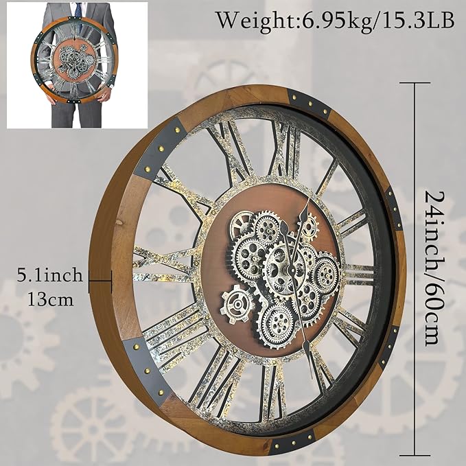 24 Inch Moving Gear Wall Clock, Oversized Wall Clocks, Clock Living Room Decor, Solid Wood Frame, Battery Operated, Large Wall Clock with Steampunk Industrial for Fireplace(Machilus)-Ruum Studio Home