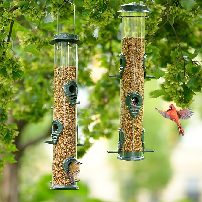 MIXXIDEA 1PK Metal Bird Feeders with 6 Feeding Ports,Tube Bird Feeder with Steel Hanger,Hard Plastic Wild Bird Feeder for Outdoors Hanging, Attracting Birds in Your Lawn, Garden, Balcony–Green-Ruum Studio Home