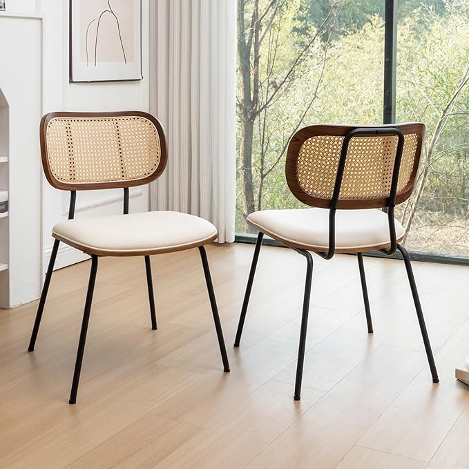 Rattan Dining Chairs Set of 4, Mid Century Modern Dining Chairs with Cane Back for Kitchen Dining Room, 19 Inch Faux Leather Beige-Ruum Studio Home