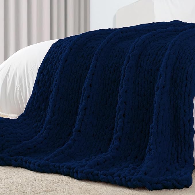 Carriediosa Chunky Knit Throw Blanket 50" X 60", 100% Hand Made Large Chenille Loop Yarn Soft Fluffy Throws for Couch Sofa Bed, Big Crochet Cozy Heavy Thick Cable Woven Blankets, Navy Blue-Ruum Studio Home