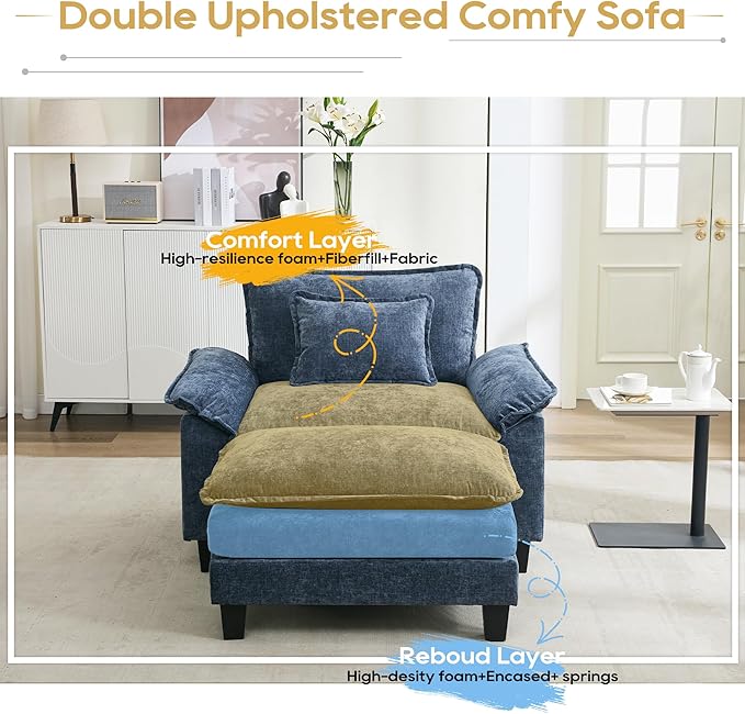 URRED Modular Sectional Sofa Comfy Cloud Couch, Modern Chenille Sofa Sleeper Deep Seat Couches with Ottoman/Pillows for Living Room (Blue, 53''- Ottoman)-Ruum Studio Home