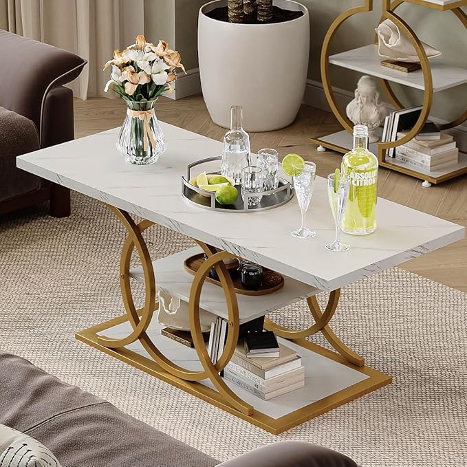 GiftGo Rustic Coffee Table with Storage Modern 3 Tier Center Living Room Table Faux Marble Wooden Rectangle Cocktail Tea Table for Office Bedroom Elegant Full Moon Design (White Gold, L-47)-Ruum Studio Home