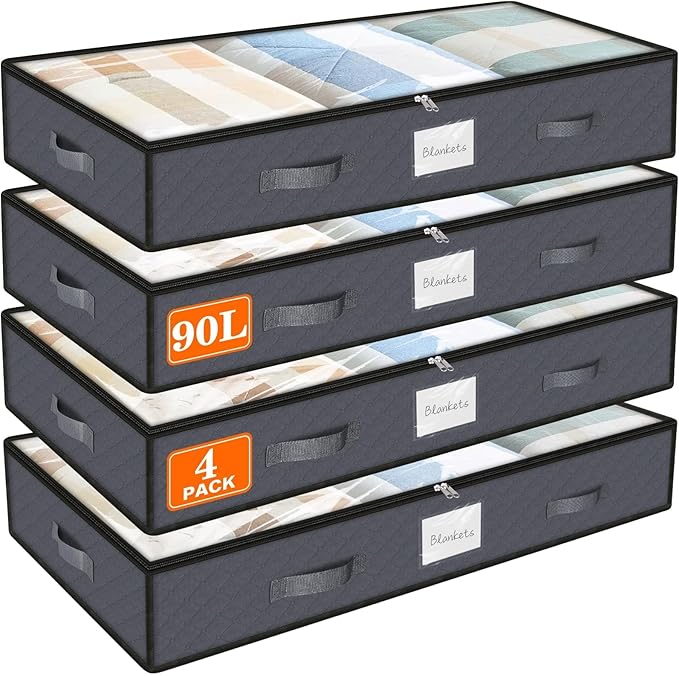 SpaceWhisper 90L Under Bed Storage Containers, 4-Pack Storage Bins with Clear Top, Foldable Closet Organizers and Storage with Label Holder for Clothing, Blankets, Comforter & Pillows (Grey)-Ruum Studio Home