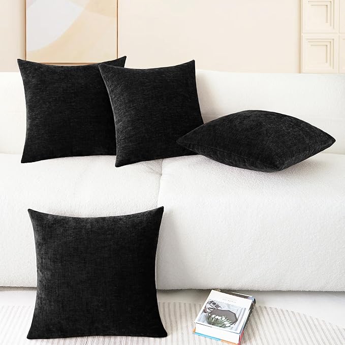 CaliTime Throw Pillow Covers Decorative 18 X 18 Inches Pack of 4 Cozy Chenille Cushion Cases for Couch Sofa Bed Living Room Home Black-Ruum Studio Home