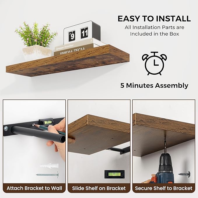 24 inch Floating Shelves Long Floating Shelves for Wall Large Wall Mounted Shelves with Invisible Brackets, Brown Shelves for Bathroom, Living Room, Kitchen, Office, 24x6.7 inch deep Set of 2-Ruum Studio Home