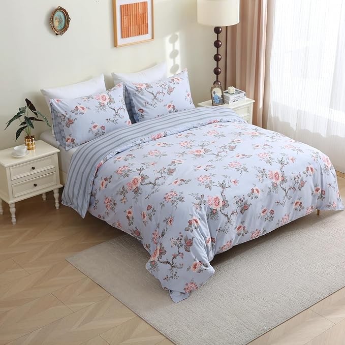 ABREEZE Floral Duvet Cover King Size Set Bird Flowers Bedding Set 100% Brushed Cotton Bedding Collection 1 Duvet Cover with 2 Pillowcases Grey-Ruum Studio Home