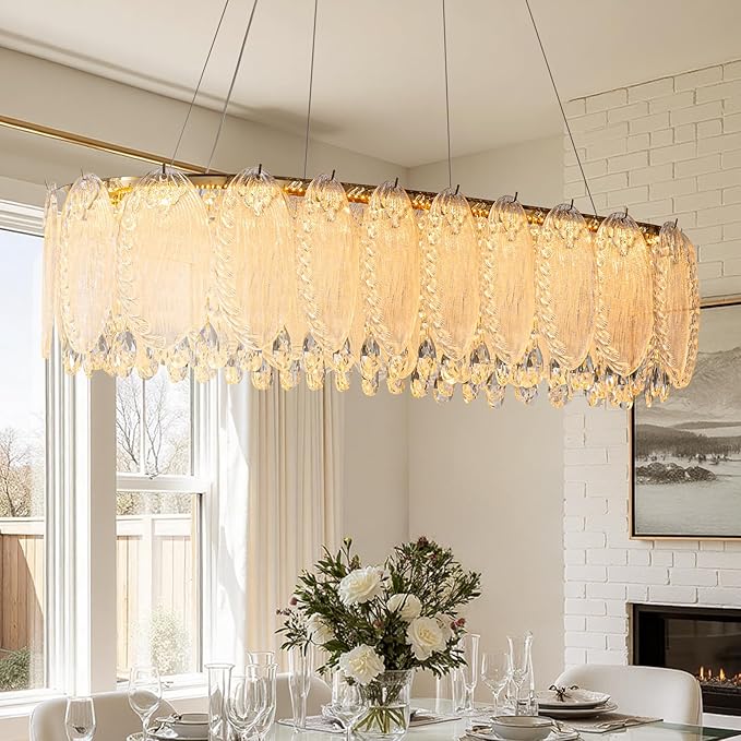 Gold Rectangle Modern Chandeliers for Dining Room Light Fixture, Water Ripple Crystal Glass LED Chandelier for Kitchen Island Bar Living Room, 2700K-6000K-Ruum Studio Home