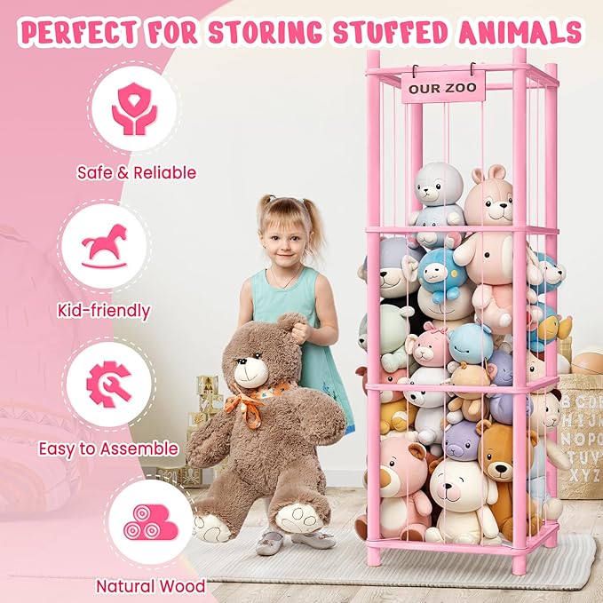 Stuffed Animal Storage & Organizer, Wooden Cute Zoo Toy Holder for Toddler Rooms, Playrooms & Bedrooms（Pink）-Ruum Studio Home