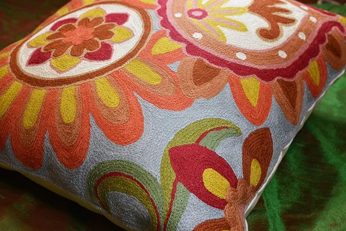 Soft Turquoise Hand Embroidered Floral Pillow Cover Flower Pillows Loral Outdoor Pillowcase Suzani Cushions Flower Chair Cushion Hand Embroidered Wool Size 18x18-Ruum Studio Home