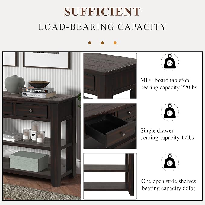 Solid Wood Console Table,Sofa Table with Storage Drawers and Bottom Shelf,Entryway Table for Entry Hallway Foyer,Fully Assembled (48.8" Distressed Black)-Ruum Studio Home