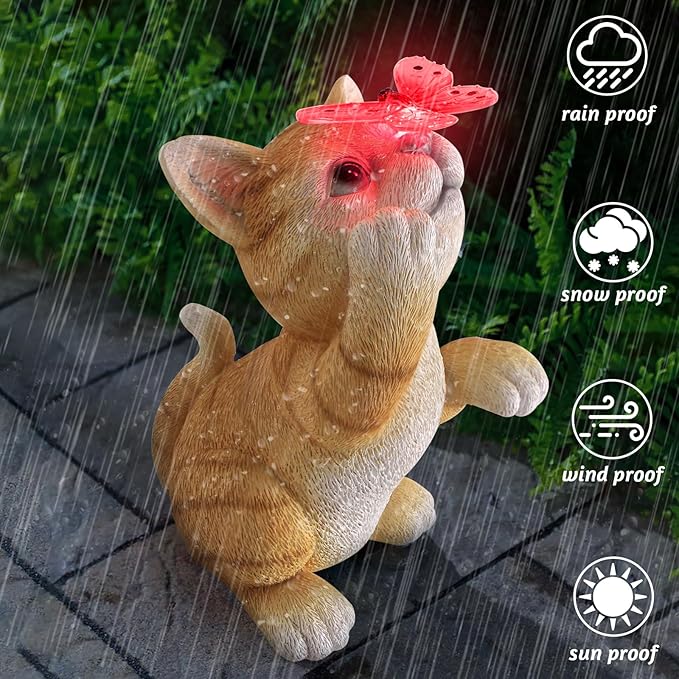 Solar Garden Statue Cat Figurine,Resin Cat Statue Playing Butterfly,Outdoor Decoration for Patio,Balcony,Yard, Lawn-Unique Housewarming Gift for Garden Mom Grandma-Ruum Studio Home