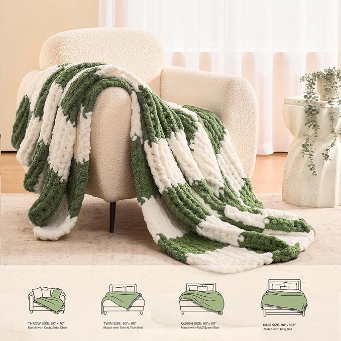 L'AGRATY Chunky Knit Blanket Throw: 60''x80'' Chenille Chunky Knitted Throw Blankets for Twin Bed Couch - Handmade Thick Cable Knit Blanket - Large Crochet Blankets for Home Decor(Green Checkered)-Ruum Studio Home