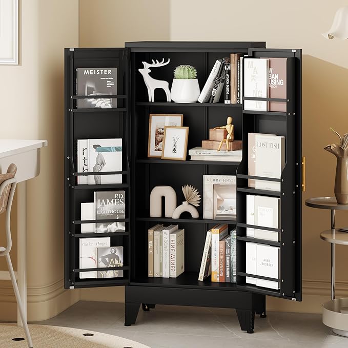 51" Metal Kitchen Pantry Cabinet, Storage Cabinets with 2 Door and 3 Adjustable Shelves, Black Freestanding Food Storage Cabinet, Steel Cupboard for Kitchen Dinning Room-Ruum Studio Home