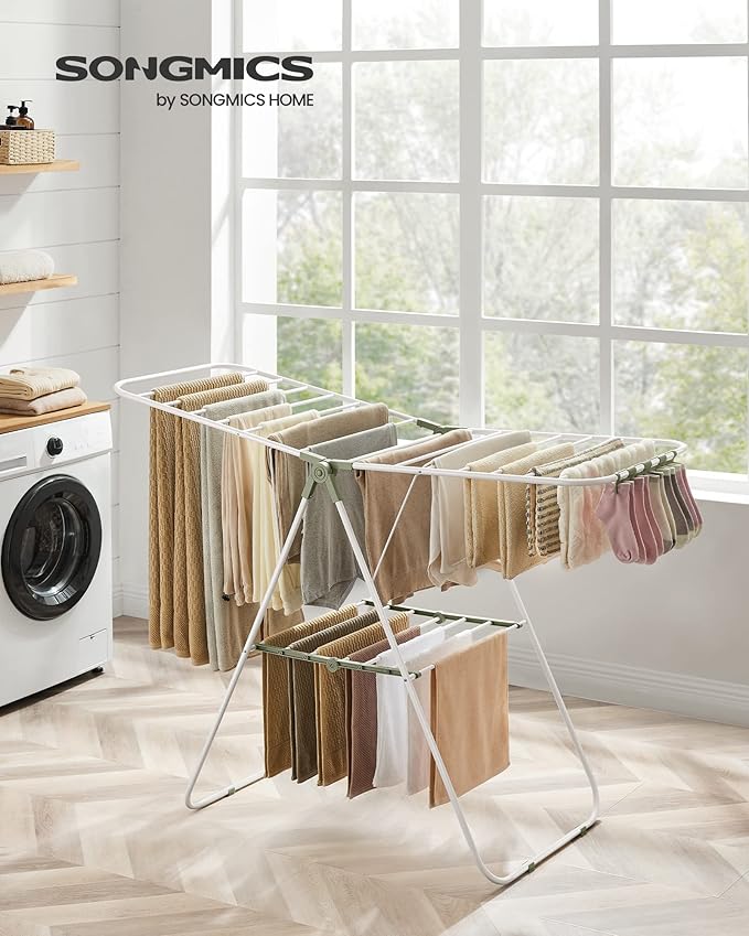 SONGMICS Clothes Drying Rack, with Sock Clips, Metal Laundry Rack, Foldable, Space-Saving, Free-Standing Airer, with 2 Height-Adjustable Gullwings, Indoor Outdoor Use, White and Green ULLR052C01-Ruum Studio Home