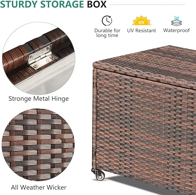 HOMREST Large Deck Box, Outdoor Wicker Storage Container with 70 Gallon, Patio Rattan Furniture for Garden Tools, Pillows, Pool, Brown-Ruum Studio Home