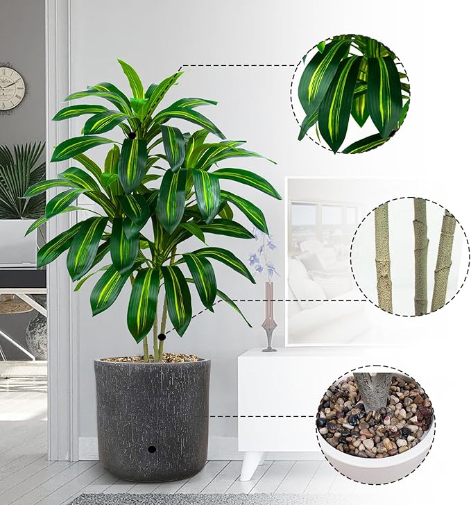 Artificial Dracaena Tree Artificial Silk Tree Faux Tree with White Tall Planter Fake Tropical Yucca Floor Plant (1, White Planter, 4 FT)-Ruum Studio Home
