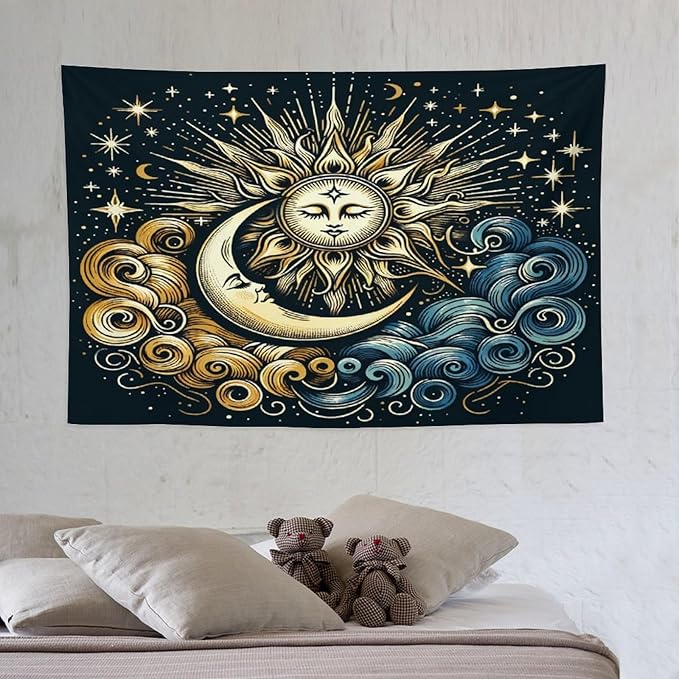 HZOHNAGO Sun Moon Tapestry Boho Golden Stars Pattern Printed Wall Tapestry Wall Hanging for Bedroom Living Room Dorm 60" W x 40" H-Ruum Studio Home
