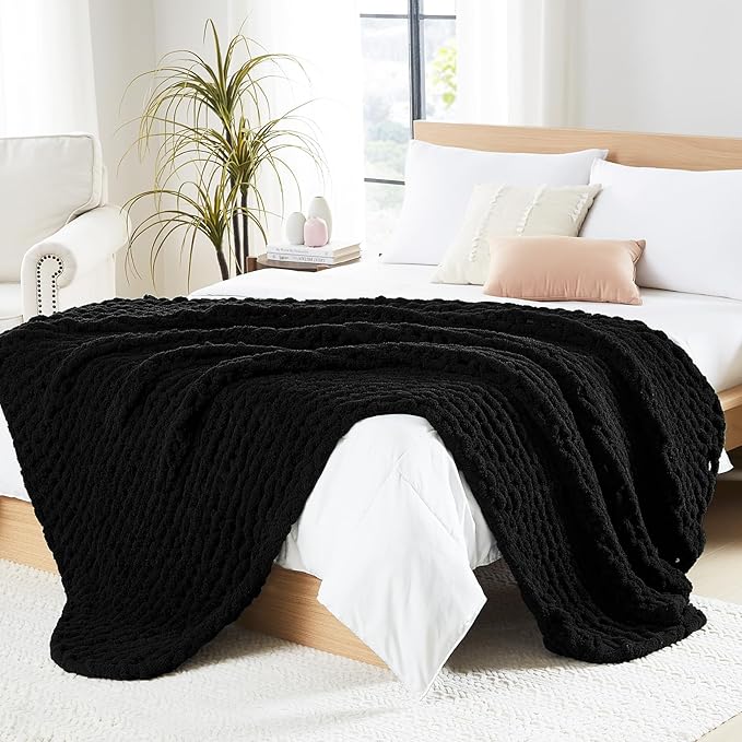 L'AGRATY Chunky Knit Blanket Throw: Soft Chenille Yarn Throw Blanket 60x80 - Handmade Thick Cable Crochet Blanket - Large Chunky Rope Throw Blanket for Couch Sofa Bed Home Decor(Black)-Ruum Studio Home